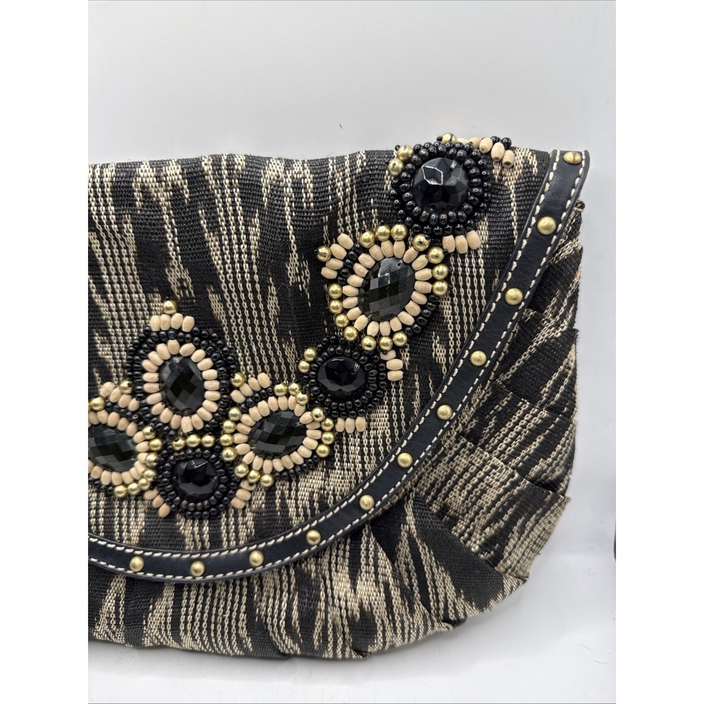 Rafe Large Beaded Clutch Handbag Leather Stones 12x9 Chain Strap - Picture 5 of 14